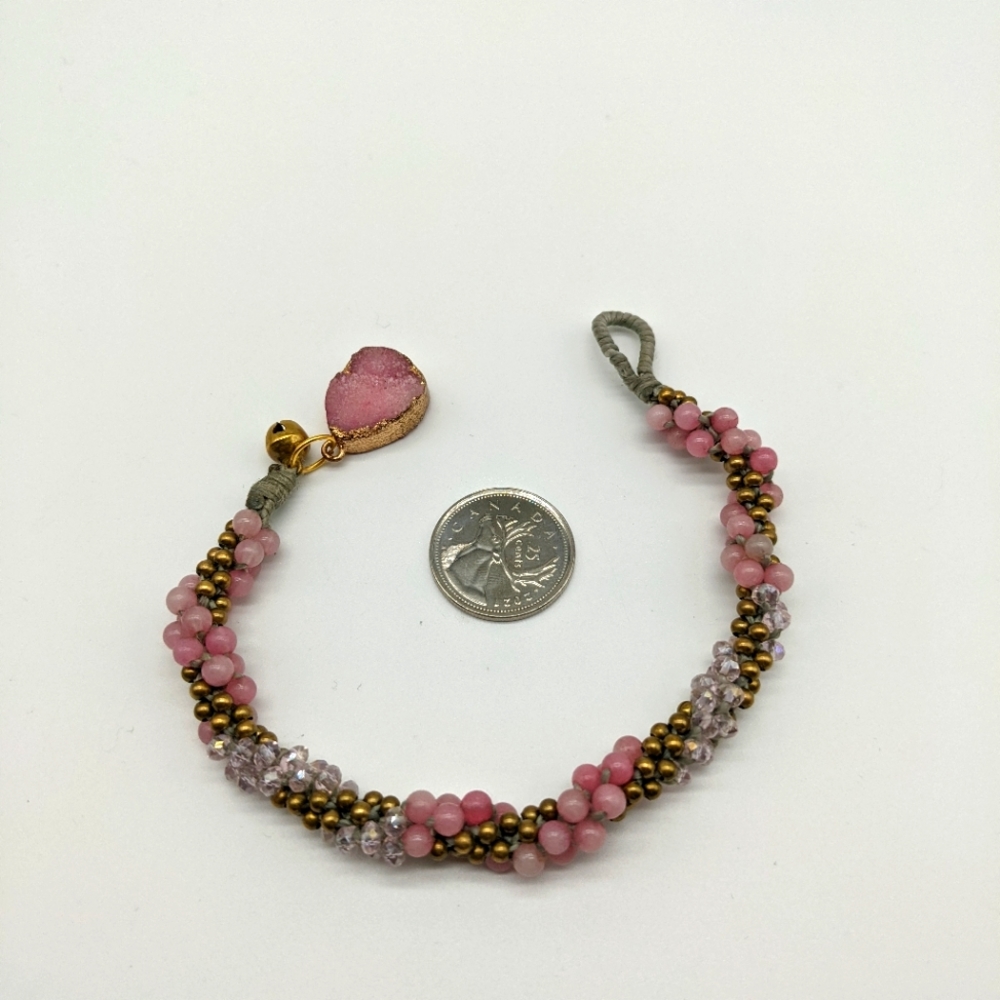 Pink Quartz, Crystal and Goldtone Bead Woven Bracelet